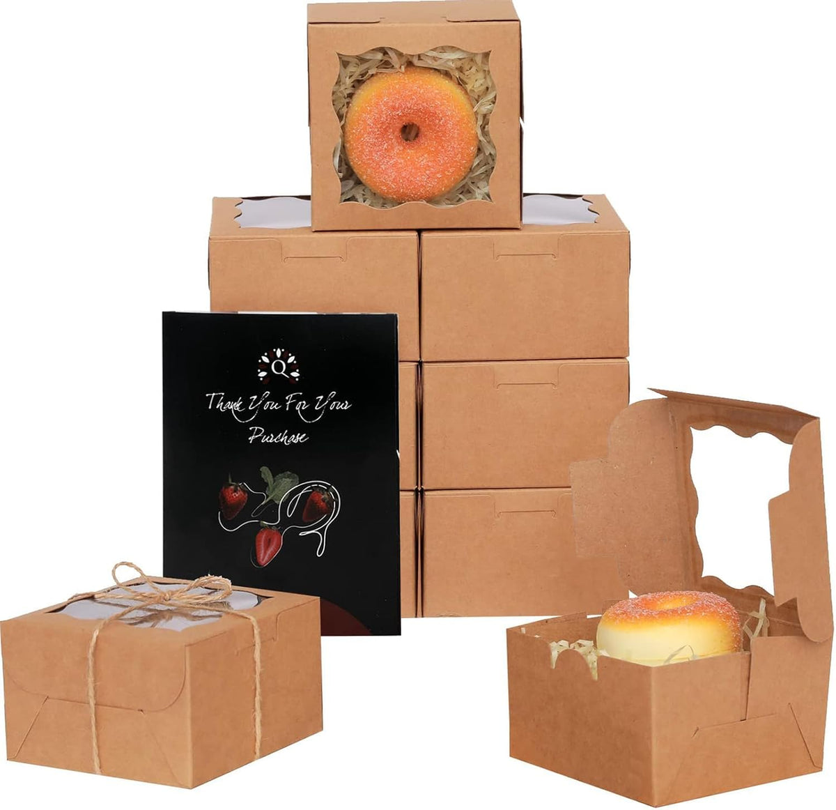 qiqee Bakery Box with Window 4*4*2.5inch/100Packs Brown Macaron Boxes Small Donut Pastry Boxes for Party Mini Cookie Boxes(5 Diferent Gift Include)