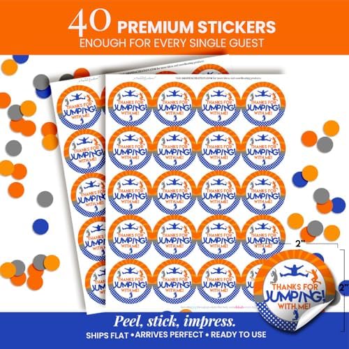 Trampoline Stickers, 40 Pack 2 Inch Round Birthday Labels, Trampoline Park Party Favors, Thanks for Jumping with Me Design, Made in USA by Amanda Creation