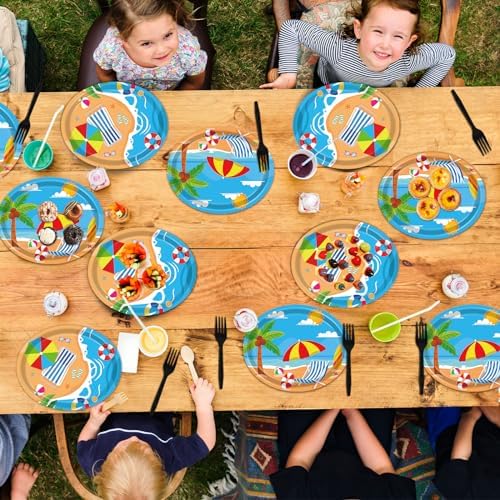 Qyeahkj 50 PCS Beach Oval Paper Plates Large 11” Disposable Pool Party Decorations Summer Platters Tableware Supplies Favor for Summer Hawaiian Luau Party Tableware Set