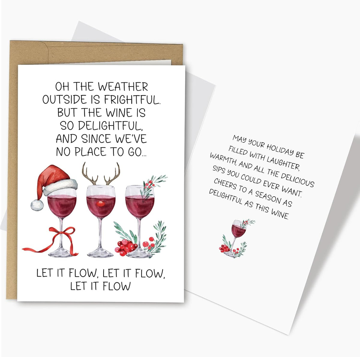 Funny Wine Christmas Card for Women Men, Humorous Christmas Card for Wine Lover, Merry Xmas Cards Gift for Friends Family, Let It Flow