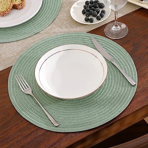 SHACOS Round Placemats Set of 8 Washable 15 inch Round Table Mats Cotton Polyester Woven Braided Place Mats for Dining Table Wedding Party Decor, Sage Green