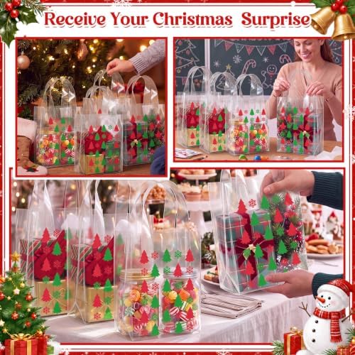 Pajean 25 Pcs Christmas Plastic Gift Bags with Handles, Xmas Tree Pouches