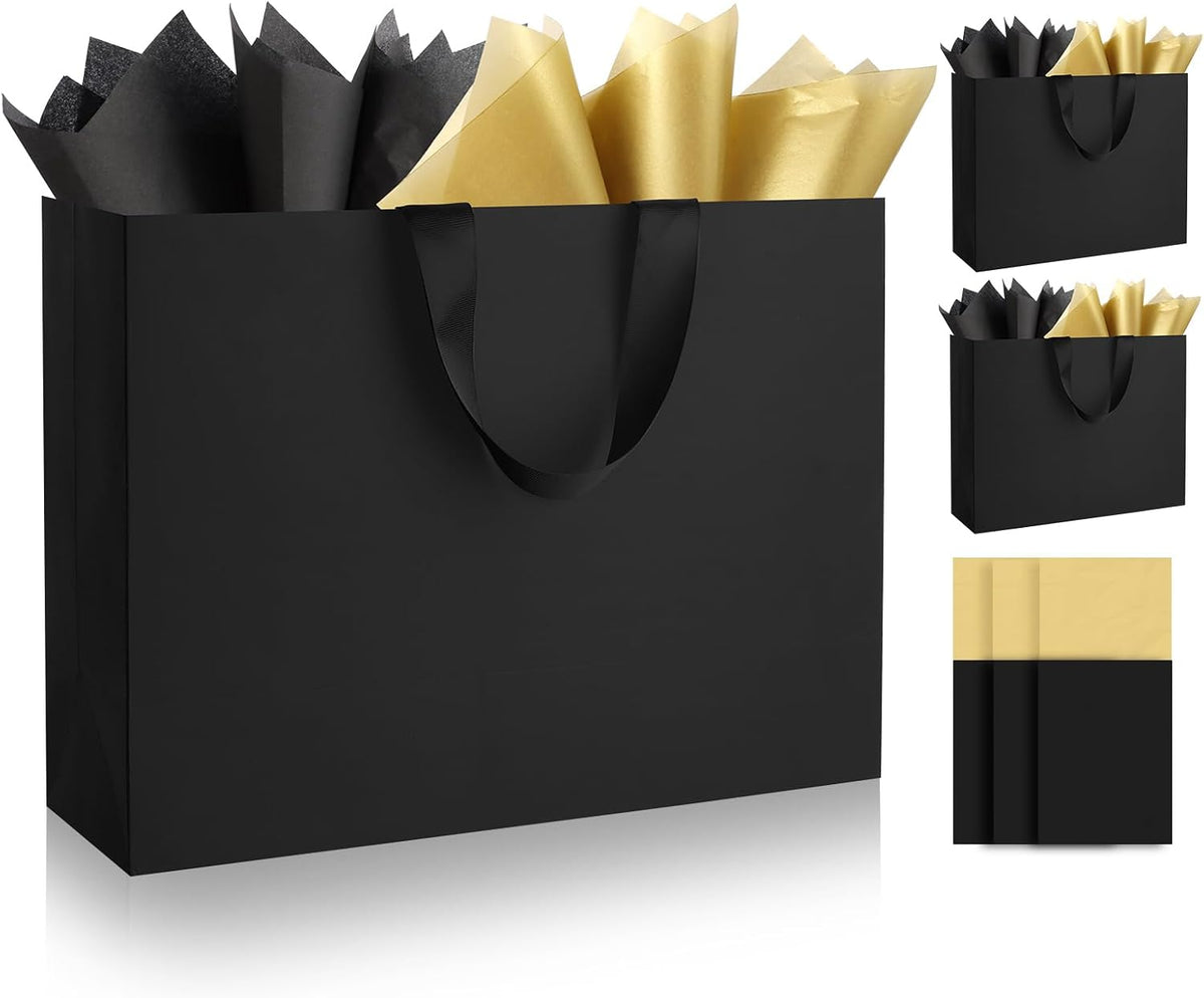 Epoesch 3 Pack Extra Large Black Gift Bags with Handles and Tissue Papers
