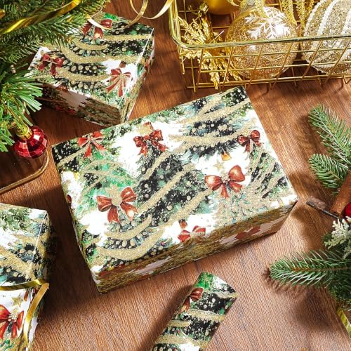 RUSPEPA Glitter Foil Christmas Wrapping Paper Roll, Mini Roll, Festive Holiday Tree Design with Red Bows & Lights Design Gift Wrap for Kids, Girls, Women, Friends, Xmas Presents, 17 Inches x 16.4 Feet