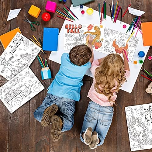 12 Pcs Fall Thanksgiving Placemats Turkey Pumpkin Coloring Activity Paper Placemats Disposable Crafts Table Mats for Adult Thanksgiving Party Supplies, 4 Styles