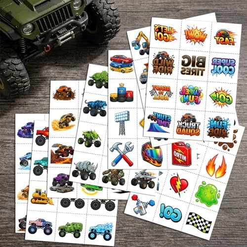 JCFIRE Monster Truck Temporary Tattoos for Kids Boys Age 4-7, Pre-cut Perforated No Scissors Needed, Diggers Construction Car Theme Birthday Party Favors Supplies Decorations Goodie Bag Stuffer