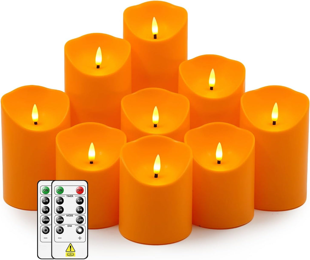 Nimiko Flameless Candles with Remote, Battery Operated Flickering Flameless Candles, LED Candles with Timer 2/4/6/8H, with Realistic LED Candles Set of 9 (D3 x H 3" 4" 5" 6" 7") (Orange)