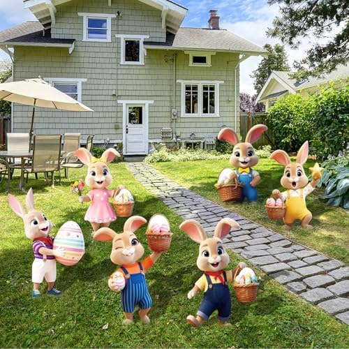 6-Piece Easter Bunny Yard Signs with Stakes – 6 Assorted Cute Rabbit Designs 13.8 Inches Tall Outdoor Lawn Decorations for Easter Egg Hunts, Spring Garden Parties, and Yard Displays