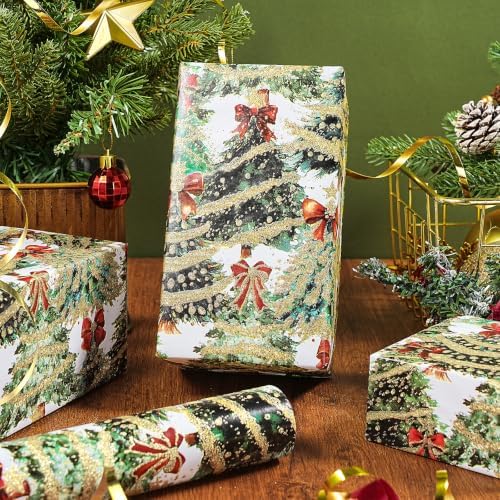 RUSPEPA Glitter Foil Christmas Wrapping Paper Roll, Mini Roll, Festive Holiday Tree Design with Red Bows & Lights Design Gift Wrap for Kids, Girls, Women, Friends, Xmas Presents, 17 Inches x 16.4 Feet