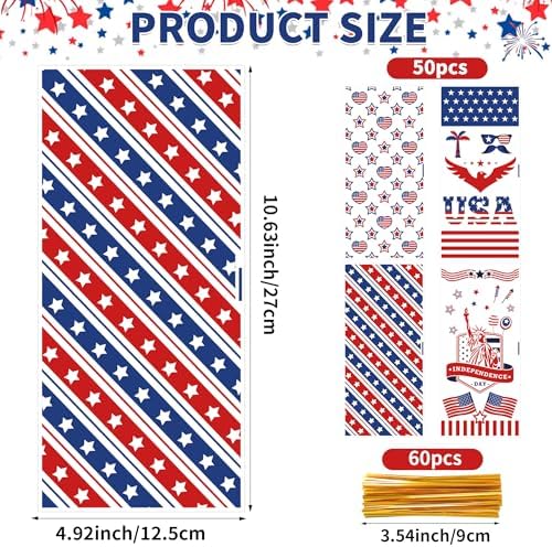 50 Pcs 4th of July Cellophane Treat Bags - 5" x 11" Patriotic Candy Bags with 60 Gold Twist Ties, Independence Day Goodie Bag for Cookies, Snacks, Party Favors & Gift Packaging (Red White and Blue)