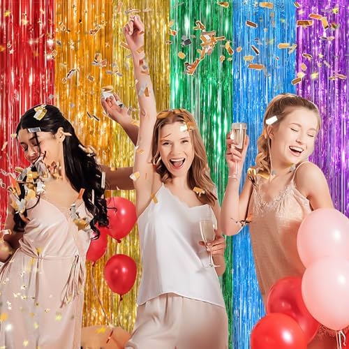 Rainbow Tinsel Backdrop Foil Fringe Curtains, 2 Pack Party Decor