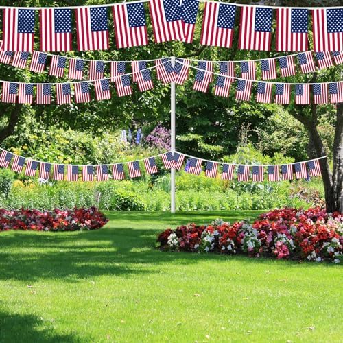 AhfuLife 134 Ft American String Flags Banner for USA 250 Years Anniversary, 120 Pcs Small America Bunting Flags, Double Sided for World Cup Independence Day Party Home Garden Bar Decor (5.5×8.3 Inch)