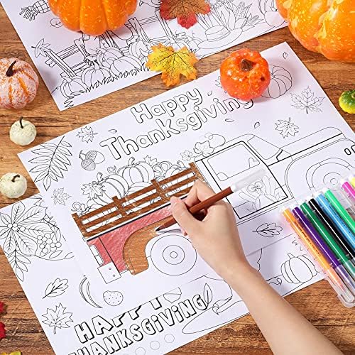 12 Pcs Fall Thanksgiving Placemats Turkey Pumpkin Coloring Activity Paper Placemats Disposable Crafts Table Mats for Adult Thanksgiving Party Supplies, 4 Styles