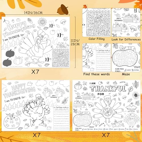 LINAYE 21PCS Thanksgiving Coloring Placemats, Thanksgiving Crafts Activities for Kids Paper Placemats Dinner Table Mats Disposable to Color for Kids