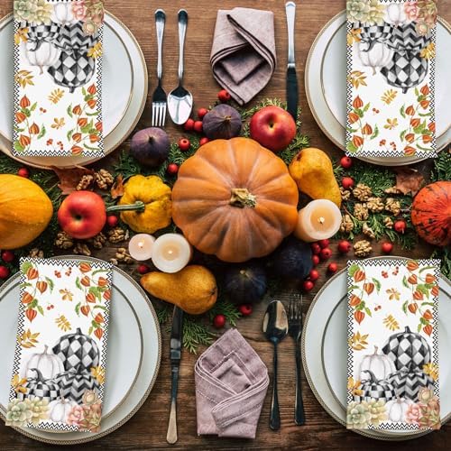 Seajan 200 Pcs Fall Plaid Pumpkin Disposable Hand Towels for Bathroom