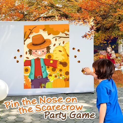 Fall Themed Pin the Nose On the Scarecrow Party Game Poster with 24 Pcs Acorn Stickers Fun Autumn Harvest Party Activity Decorations Supplies for Thanksgiving Halloween Fall Festivals Birthday