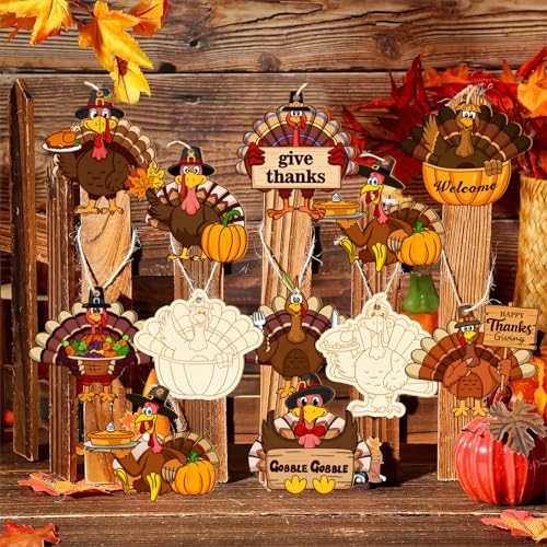 36PCS Wooden Thanksgiving Decoration Turkey Ornaments to Paint Thanksgiving Ornaments for Tree Crafts Cutouts Unfinished, DIY Blank Fall Unfinished Turkey Pumpkin Ornament for Home Harvest Hanging