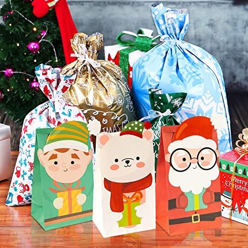 Uptotop 24 Pack 2D Christmas Treat Bags with 6 Assorted Designs, Xmas Kraft Paper Bags for Holiday Cookie Candy Party Favor Supplies Decor