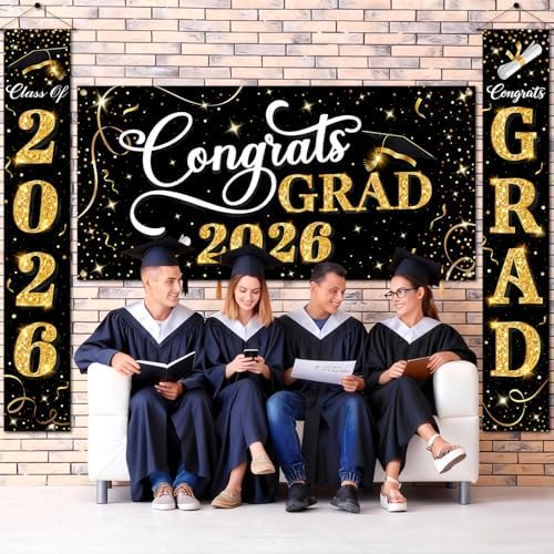 Class of 2026 Graduation Decorations, 3 Pcs Black Gold Congrats Grad Banner and Backdrop Set with 1 Photo Backdrop and 2 Hanging Banners for Indoor Outdoor Party Decor