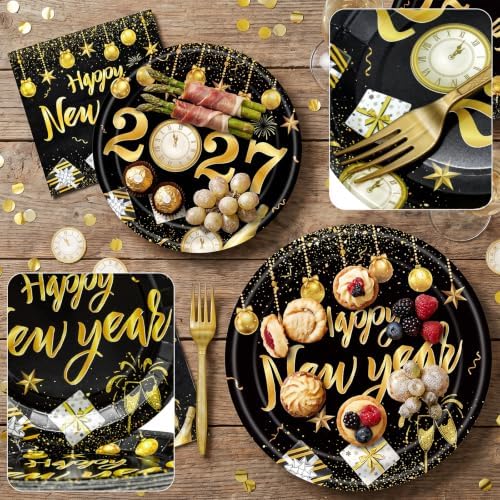 96 Pieces Happy New Year Tableware Set – Black and Gold 2027 Disposable Plates, Napkins, and Forks with Fireworks and Champagne Designs for New Year’s Eve Dinners and Celebrations – Serves 24