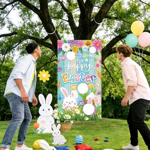 Easter Party Games Set Bean Bag Toss Game for Adults Banner with 4 Bean Bags for Tossing Bunny Egg Easter Party Decoration Indoor Outdoor Festive Decor