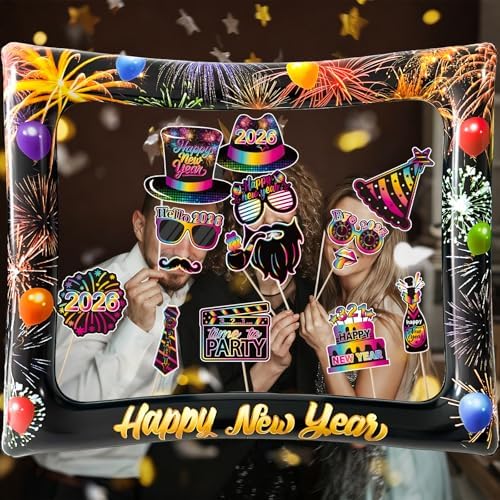 2026 New Year Photo Booth Inflatable Frame Kit, 30Pcs Fluorescent Color New Years Photo Booth Props with Inflatable Picture Frame for New Year Eve Party Selfie Props Supplies