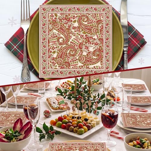 Chiisong 100 Pcs Paisley Pattern Christmas Cheers Cocktail Napkins Party