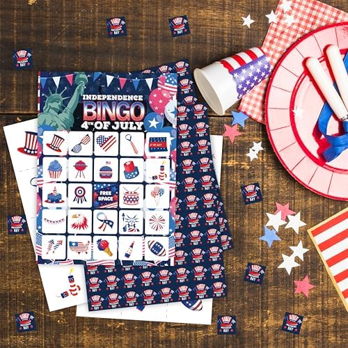 24 Players Independence Day Bingo Game Cards - 4th of July Patriotic Party Activities for Family & Adults, 5x7 Premium Cardstock, American Flag BBQ Decorations, Memorial Day Games with Caller Chips
