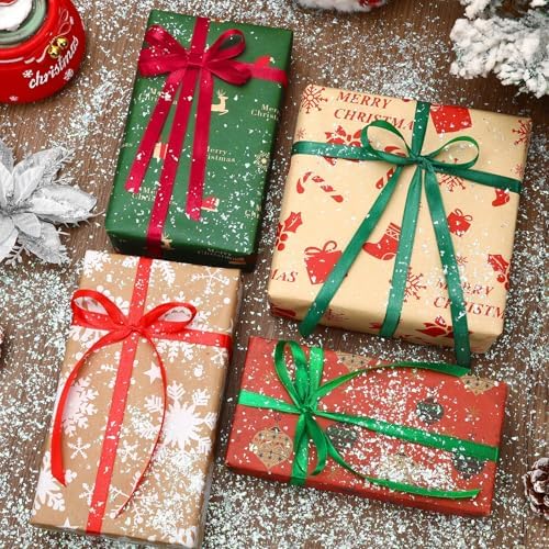 DECYOOL 4 Rolls Christmas Red and Green Satin Ribbon for Gift Wrapping 10mm