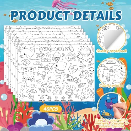 45pcs Under The Sea Disposable Coloring Placemats Ocean Crafts for Kids Party Favors Coloring Poster Classroom Activities Birthday Party Supplies Paper Table Mats