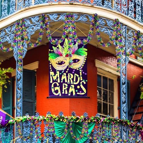Mardi Gras Garland Decorations,50Ft Glitter Tinsel Garland Decor for Tree Mantle Bedroom Office Classroom Party Indoor Outdoor Holiday Home Green Gold Purple