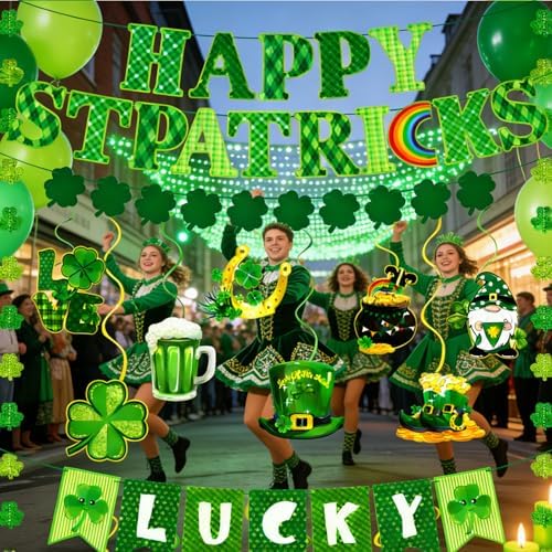 64Pcs St Patricks Day Decorations Kit Shamrock Lucky Banner Garlands Clover Hanging Swirls Irish Decor for Home Saint Patrick Party Table Supplies
