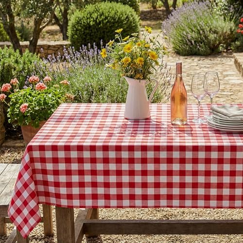 Red White Buffalo Plaid Waterproof Tablecloth for Outdoor Use Picnic Table Cover for Holiday Dinner, Farmhouse Kitchen, Patio Dining, Reusable Checkered Table Cloth, W60 x L84 in