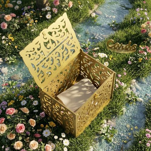 Jolik Wedding Card Box with Sign, Large Rustic Locking Money Box Holder for Wedding Reception, Gift Card & Envelope Storage, DIY Anniversary & Birthday Party Decoration (Gold)
