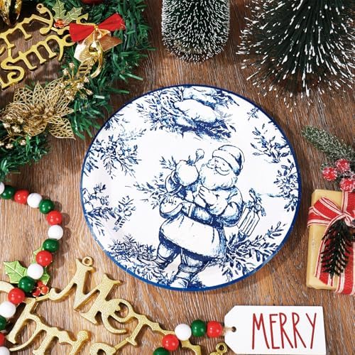 Whaline 40 Pcs Christmas Paper Plates 4 Designs Chinoiserie Blue and White Porcelain Xmas Tree Santa Claus Disposable Plates Tableware for Winter Party Tableware Supplies, 9 In