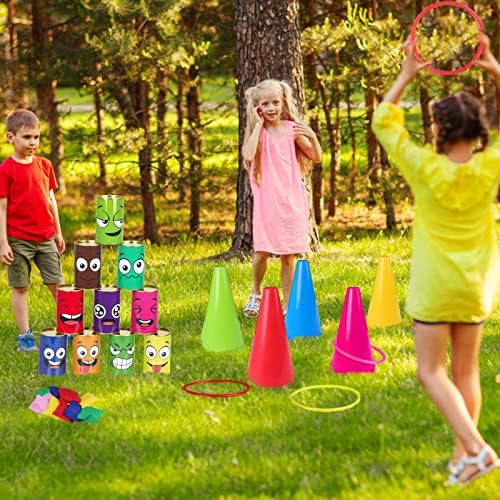 36PCS Carnival Games Combo Set 4 in 1 Bean Bag Toss Can Games Plastic Cone Ring Toss Game for Indoor Outdoor School Field Day Birthday Party Yard Game for Kids Adults