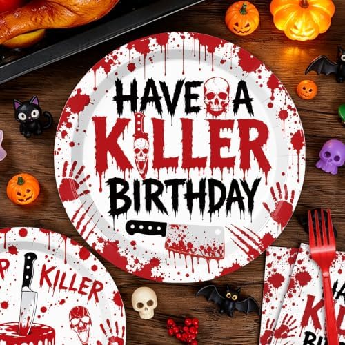 96 Pieces Have a Killer Birthday Plates and Napkins, Bloody Hand Disposable Tableware with Paper Plates Napkins and Forks for Halloween Party Supplies, Horror-Themed Birthday Decorations, Serves 24