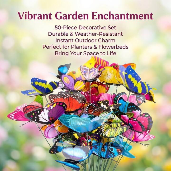 RAINFLOW 50PCS Butterfly Decorations - Garden Stakes for Plant Pots