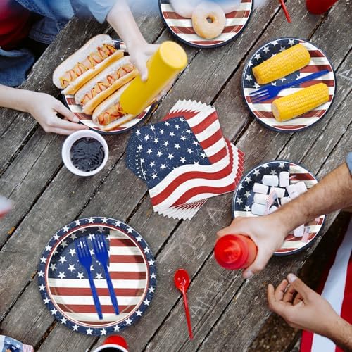 96 Pieces 4th of July Tableware Set – American Flag Disposable Plates, Napkins and Forks, Patriotic Stars and Stripes Party Supplies for Independence Day, Memorial Day and Veterans Day Decorations