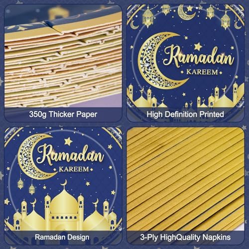 96 Pcs Ramadan Plates and Napkins Forks Sets - Blue Gold Eid Mubarak Themed Round Tableware, Disposable KAREEM Paper Plates Napkins Kit for Ramadan Party Supplies Favors Table Decorations, Serves 24