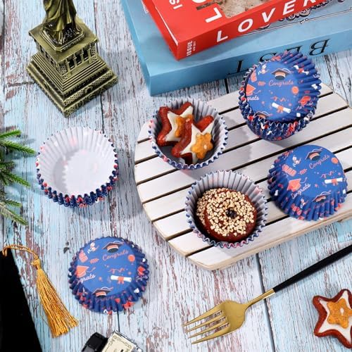 Whaline 300 Pcs Graduation Cupcake Liners Paper Baking Cups Orange Blue Congrats Graduation Cap Muffin Holders Wrappers for College High School Grad Party Decor Supplies, 2 x 1.2 Inch