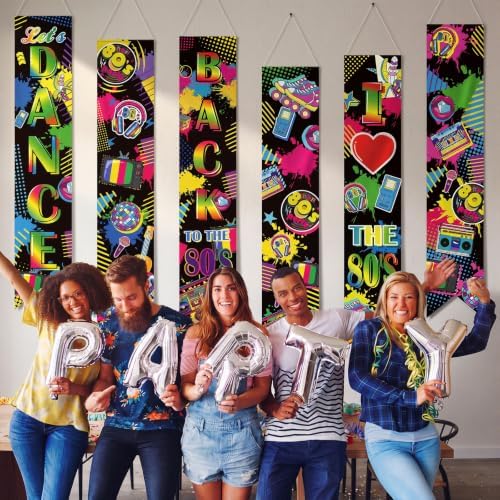 Hahafelt 6 Pcs 80s Party Decoration Banners 61 Inch Back to the 80's Bulletin Board Banner Retro Groovy Nostalgic Disco Porch Door Hanging Decor for Wall Classroom Office 1980s Birthday Party Supplies