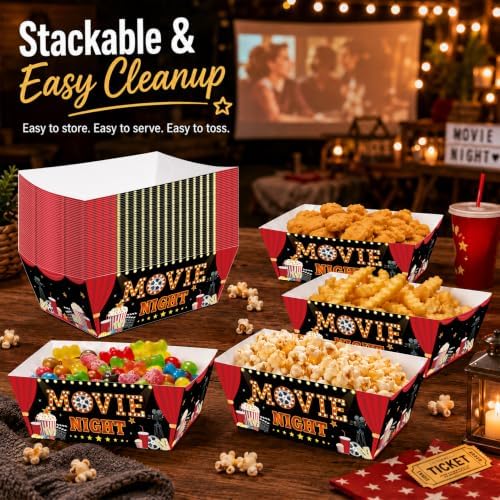 100 Pcs Black Red Movie Night Paper Food Trays, Pre-Folded Disposable Snack Boats for Popcorn, Candy, Fries, Nachos, Snacks, Cinema Party Supplies, Home Theater Serving Trays