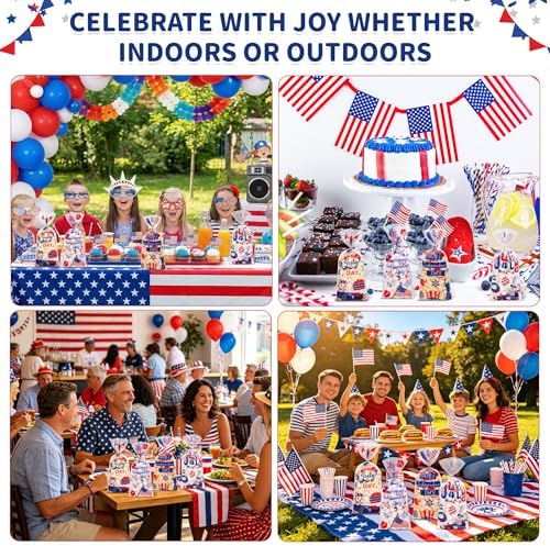 QOIUSO 50 Pcs 4th of July Cellophane Treat Bags - Patriotic Candy Goodie Bags with Gold Twist Ties - Clear Independence Day Party Favor Bags for Cookies, Snacks, Gift Packaging Supplies