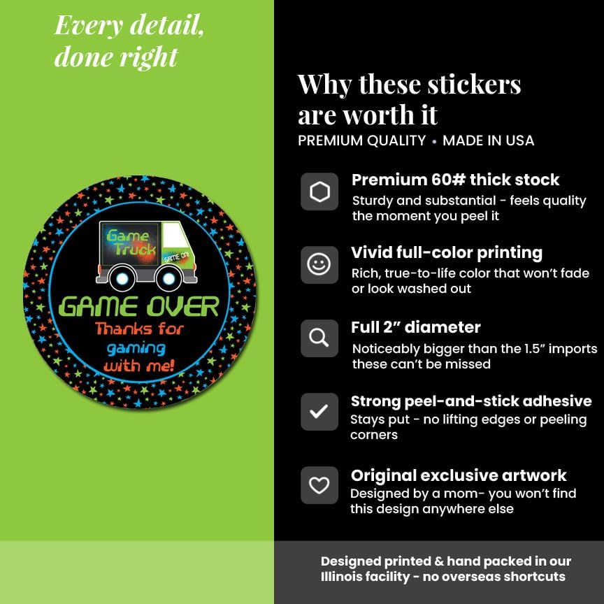 Video Game Truck Party Stickers, 40 Pack 2-Inch Gamer Birthday Labels for Favors, Goodie Bags & Envelope Seals, Made in USA by Amanda Creation