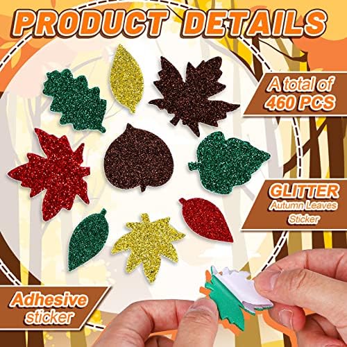 Whaline 460Pcs Fall Thanksgiving Foam Stickers Glitter Maple Leaves Pumpkin Self-Adhesive Sticker for Kids Party Favors Scrapbook Craft DIY Decor