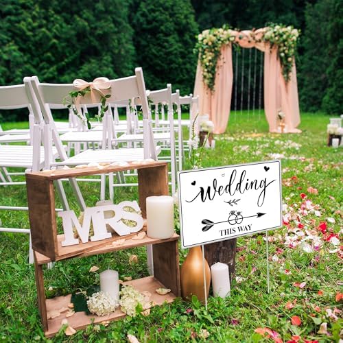 Lesnala 3 Pcs Double Sided Wedding This Way Sign with Stakes 14.2 x 8.5inch