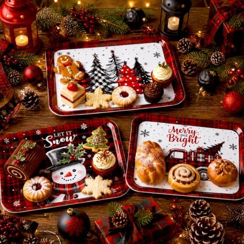 Rtteri 3 Pcs Christmas Serving Trays and Platters 13 x 10 Inch Reusable Red and Black Plastic Christmas Platter Rectangle Buffalo Plaid Xmas Tree Candy Serving Dishes Plates for Holiday Party Decor