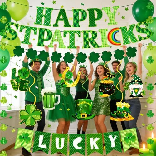 64Pcs St Patricks Day Decorations Kit Shamrock Lucky Banner Garlands Clover Hanging Swirls Irish Decor for Home Saint Patrick Party Table Supplies
