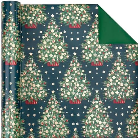 WRAPAHOLIC Reversible Green Christmas Wrapping Paper - Mini Roll - 17 Inch x 33 Feet - Green Christmas Tree Wrapping Paper for Holiday, Party Celebration